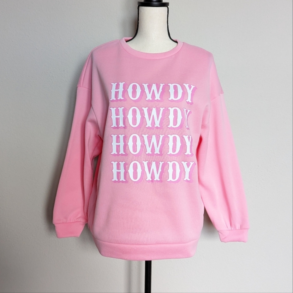 Pink and white western cowgirl Howdy fleece lined crewneck sweater size M